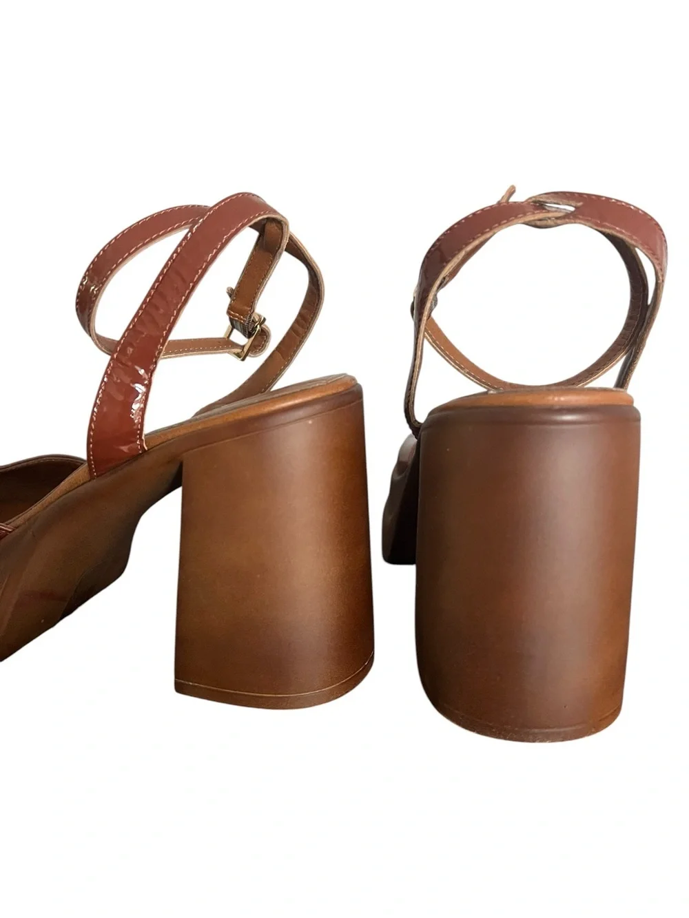 Free People Double Stack Platform Mary Jane Heels Brown Patent Leather 7.5 Boho
